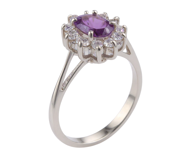 STERLING SILVER RING SET WITH 01 AMETHYST AND 12 WHITE SAPPHIRE 
